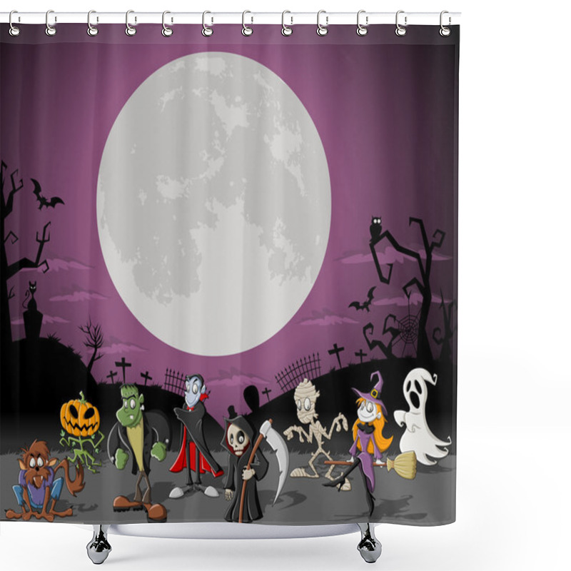 Personality  Halloween Cemetery With Monster Characters Shower Curtains