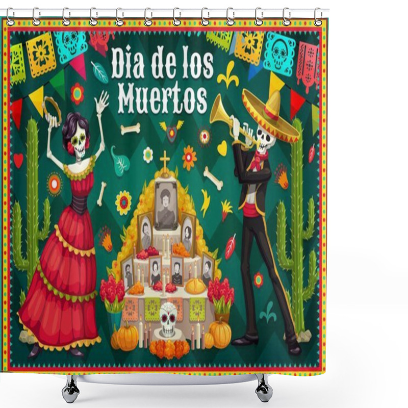 Personality  Catrina And Skeleton Near Day Of The Dead Altar Shower Curtains