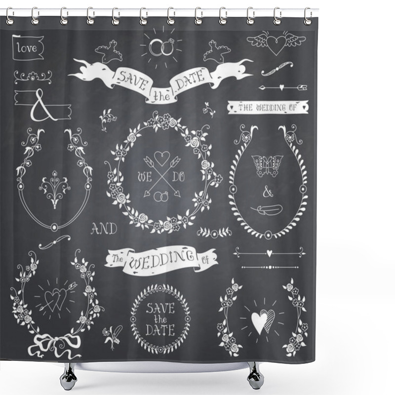 Personality  Wedding Retro Set On Blackboard. Shower Curtains