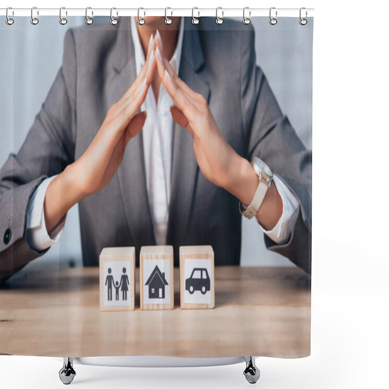 Personality  Cropped View Of Lawyer Holding Hands Above Wooden Cubes With Family, Car And House  Shower Curtains