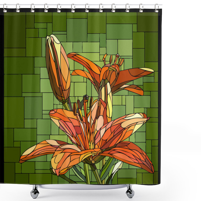 Personality  Vector Square Angular Mosaic Of Blooming Orange Lilies With Buds In Green Stained-glass Window. Shower Curtains