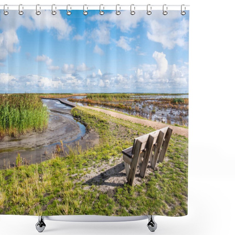 Personality  Bench Overlooking Marshes And Footpath Of Nature Trail On Marker Wadden In Markermeer, Netherlands Shower Curtains