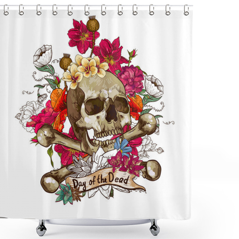 Personality  Skull And Flowers Vector Illustration Shower Curtains