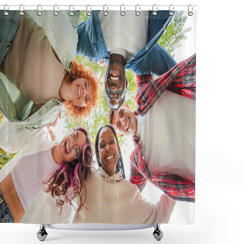 Personality  Low Angle View Of A Group Of Multiracial Happy Young Teenagers Hugging Each Others In A Circle, Looking Down At Camera With Smiling Faces, Representing Friendship, Diversity, And Togetherness Outdoors Shower Curtains