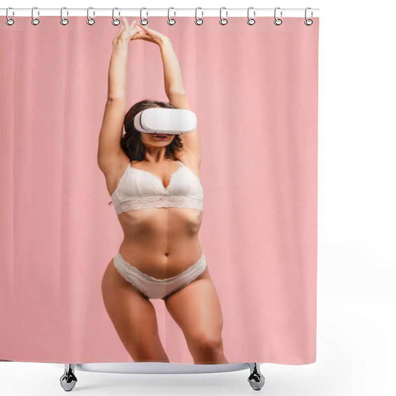 Personality  Front View Of Sexy Girl With Hands In Air And Virtual Reality Headset Isolated On Pink Shower Curtains