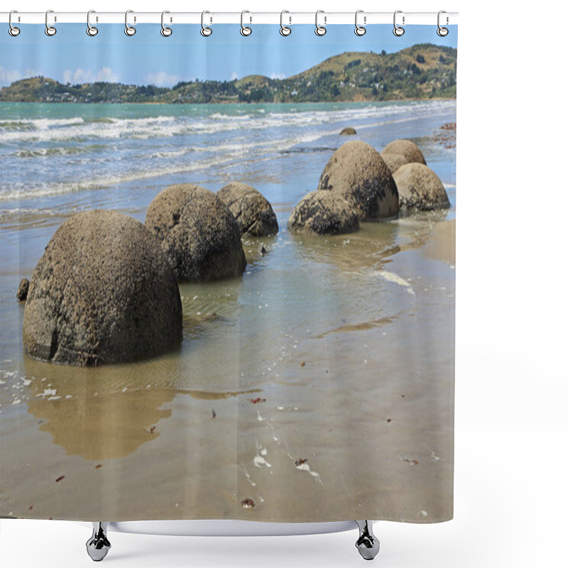 Personality  Landscape With Moeraki Boulders  -  Koekohe Beach, New Zealand Shower Curtains