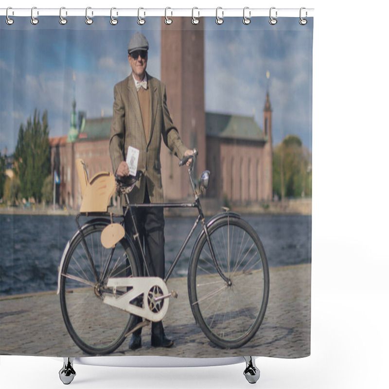 Personality  STOCKHOLM, SWEDEN, SEPT 22, 2018: Bike In Tweed Bicycle Tour With Vintage Bikes And Clothes. Before Start With Backdrop Of City Hall. Shower Curtains