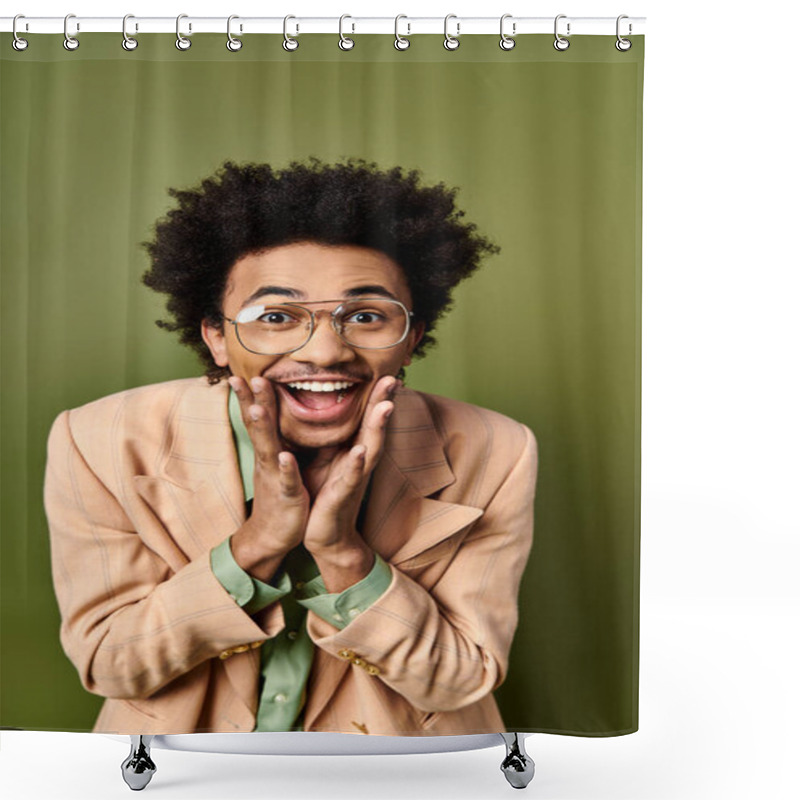 Personality  A Man Exudes Style In A Tan Jacket And Glasses With A Touch Of Elegance. Shower Curtains