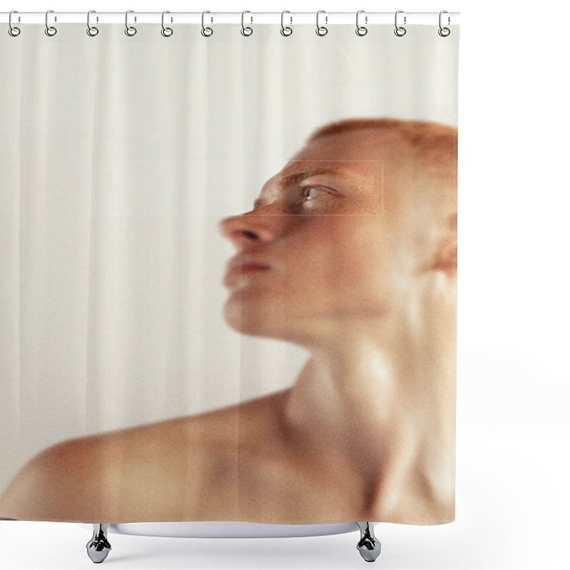 Personality  Contemporary Art Collage. : Male Profile Glowing In Soft Light, With Eye Sharply Defined And Framed In Focus. Noise Effect. Warm Tones. Concept Of Emotions, Psychology, Human Rights Shower Curtains