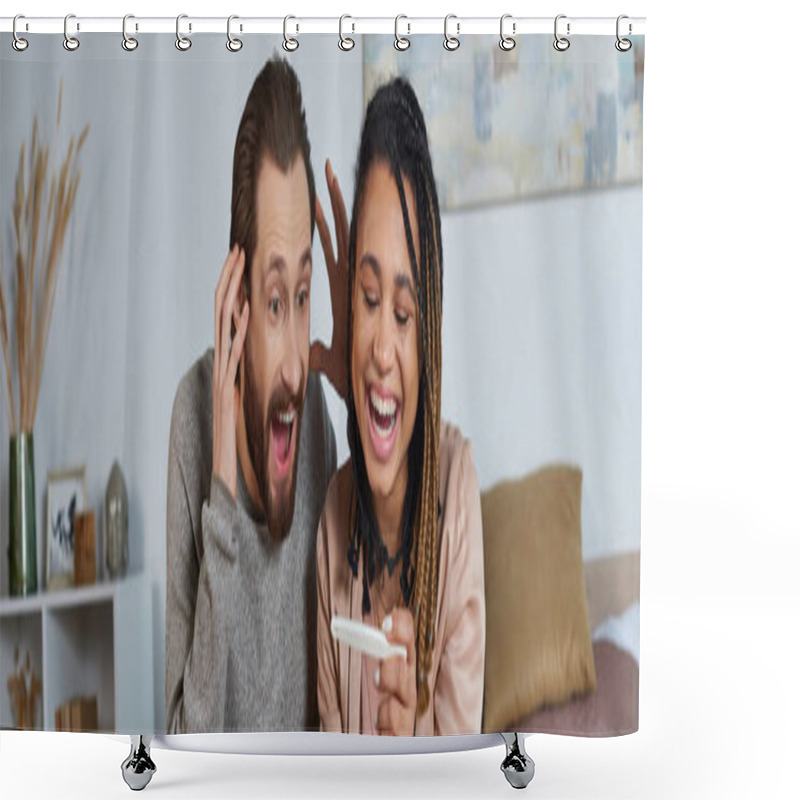 Personality  Amazed Interracial Couple, Pregnancy Test, Future Parents, African American Woman And Man, Banner Shower Curtains