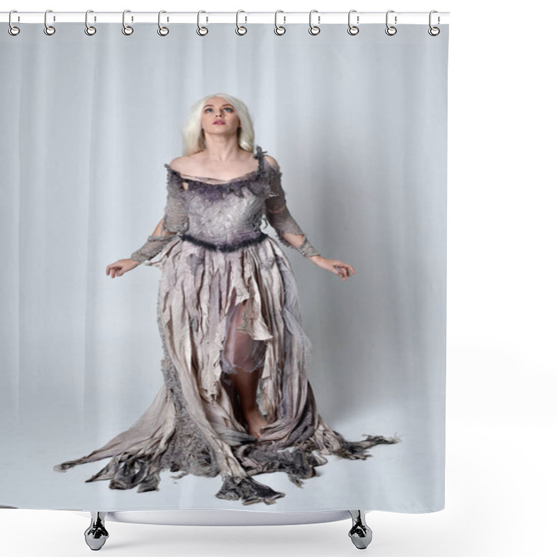 Personality  Full Length Portrait Of Blonde Girl Wearing Long Torn Old Wedding Dress.  Standing Pose With Back To The Camera On A Studio Background. Shower Curtains