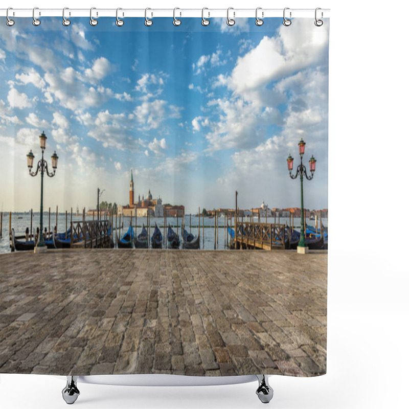 Personality  Gondolas Moored By Saint Mark Square With San Giorgio Di Maggiore Church In Venice, Italy Shower Curtains