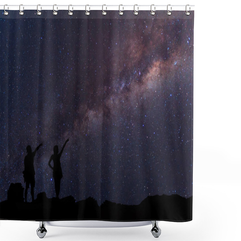 Personality  Star-catcher. A Person Is Standing Next To The Milky Way Galaxy  Shower Curtains