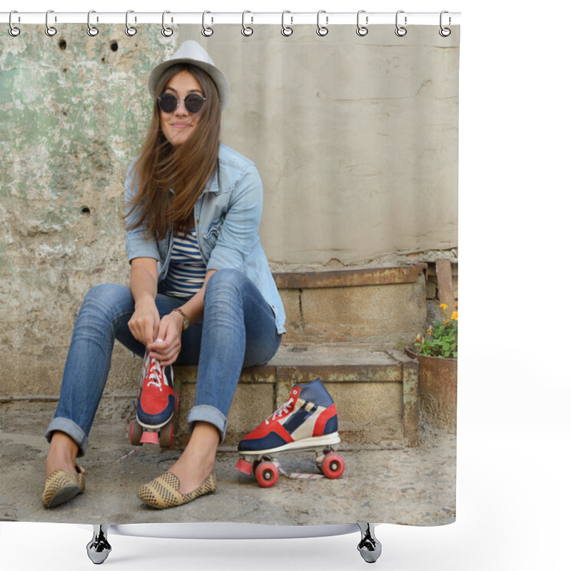 Personality  Girl With Roller Skates Shower Curtains