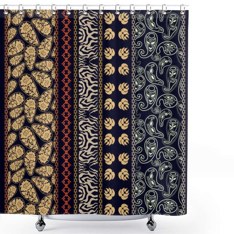 Personality  Set Of Borders With Bohemian Motifs. Hand Drawn Seamless Paisley Pattern With Roses, Damask Borders, Zebra Print, Carnival Masks. Shower Curtains