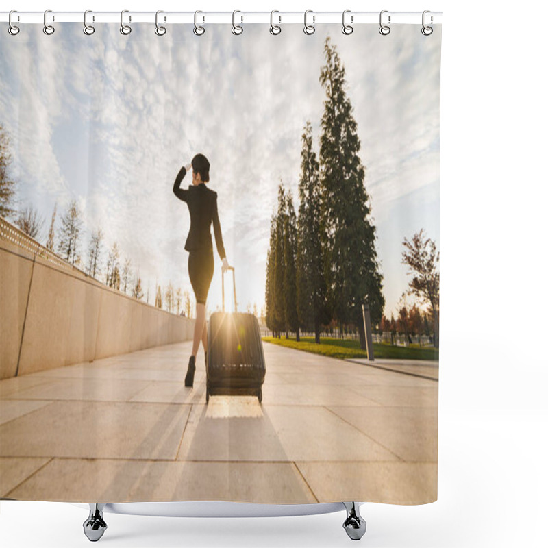 Personality  A Woman In The Form Of A Stewardess Carries A Suitcase Shower Curtains