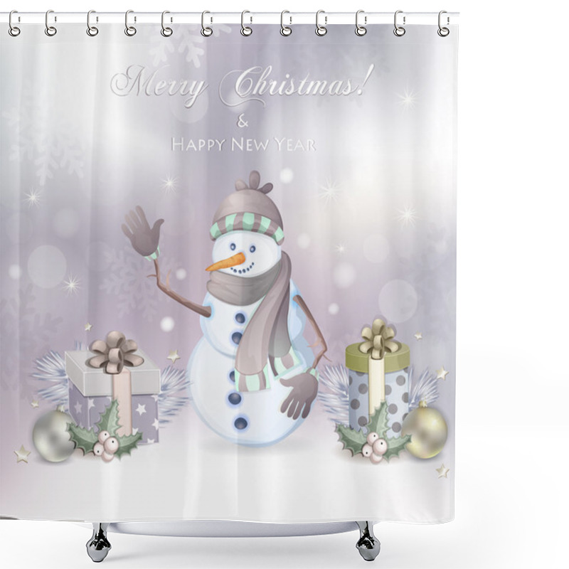 Personality  Christmas Illustration With Cute Snowman Shower Curtains