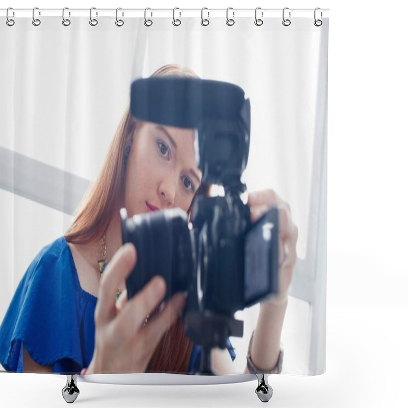 Personality  Woman Recording Vlog Video Blog Using DSLR Camera Shower Curtains