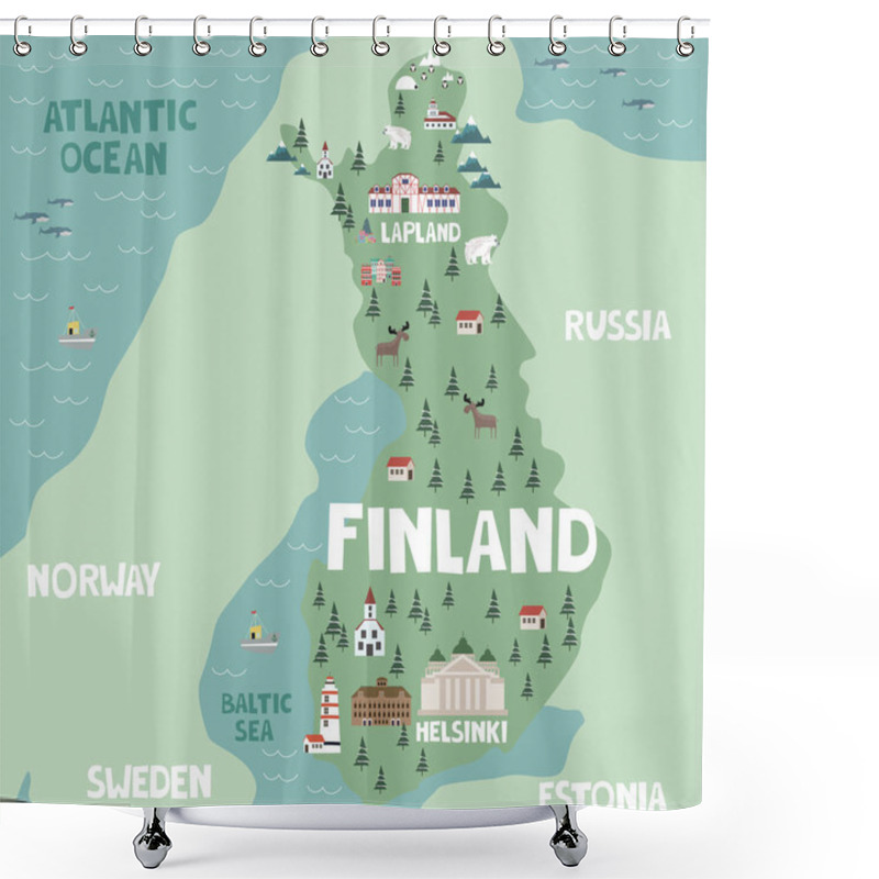 Personality  Illustration Map Of Finland With Nature, Animals And Landmarks. Editable Vector Illustration Shower Curtains