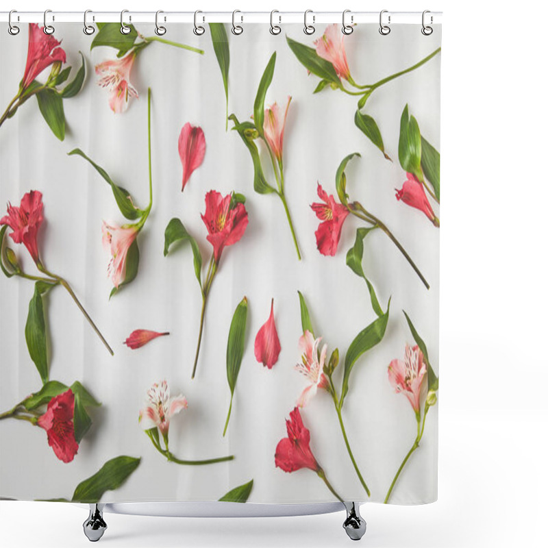 Personality  Top View Of Background From Beautiful Pink Alstroemeria Flowers And Green Leaves On Grey  Shower Curtains