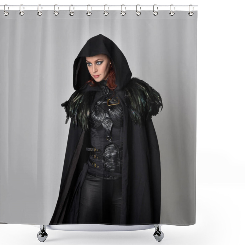 Personality  Close Up Fantasy Portrait Of A Woman With Red Hair Wearing Dark Leather Assassin Costume With Long Black Cloak.  Isolated Against A Studio Background. Shower Curtains