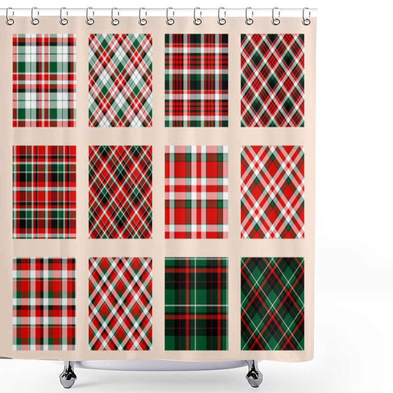 Personality  Christmas Pattern Seamless Of Green, Red And White Vector Plaid. Set Holiday Background For Greeting Card, Wrapping Paper Print Or Winter Decor Wallpaper. Shower Curtains