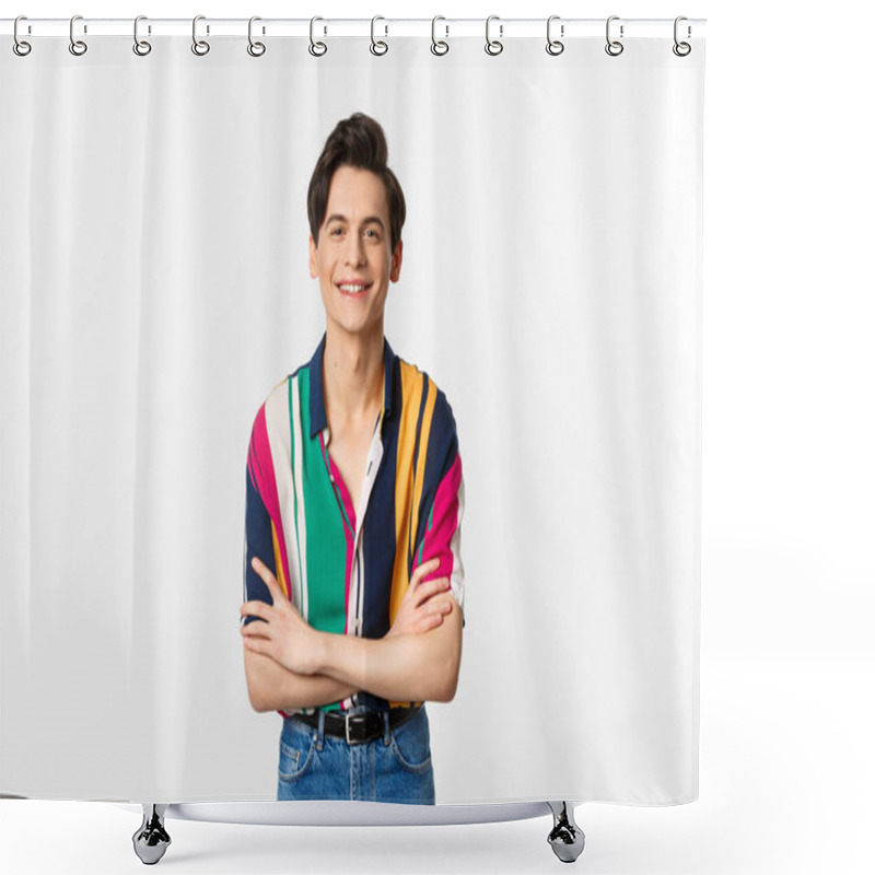 Personality  Hansome Smiling Gay Man Looking Happy, Standing Over White Background In Summer Outfit Shower Curtains