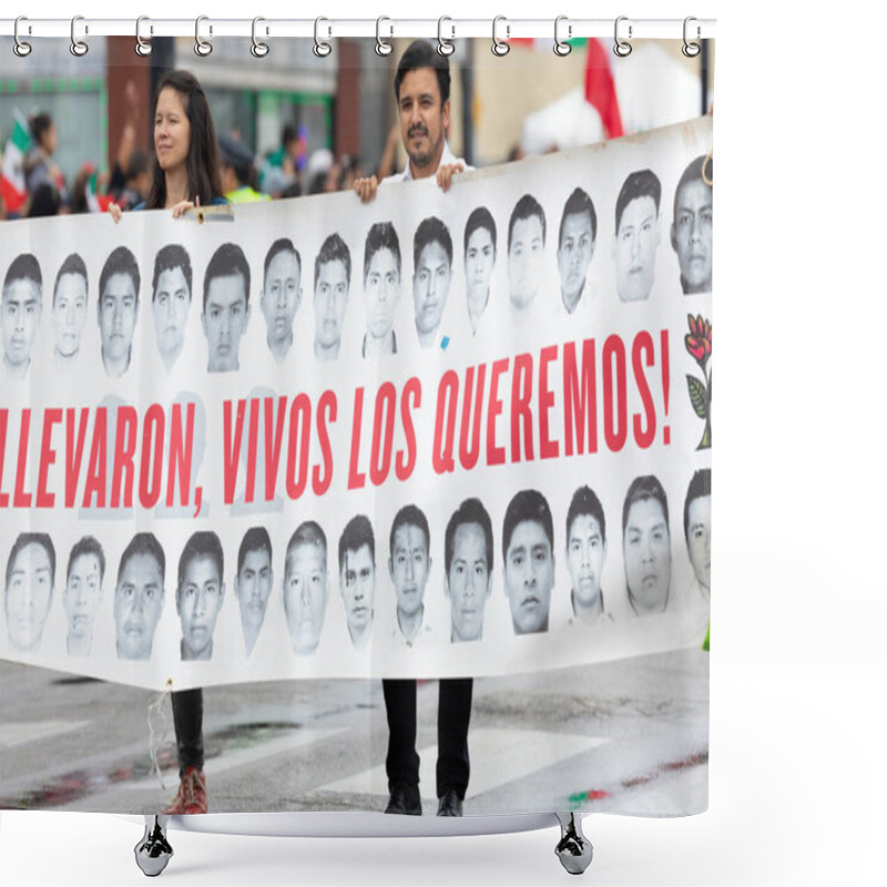 Personality  Chicago, Illinois, USA - September 8, 2019: 26th Street Mexican Independence Parade, Man And Woman Holding A Banner With Pictures Of Missing Students In Mexico, And It Says, Alive They Took Them, Alive We Want Them Shower Curtains