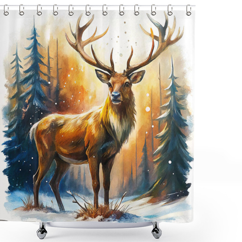 Personality  A Magnificent Reindeer Stands In A Serene Snowy Forest, Framed By Towering Trees Under A Tranquil Twilight Sky, Capturing The Magic Of Winter. Shower Curtains