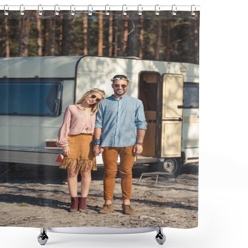 Personality  Hippie Couple In Wreaths And Sunglasses Holding Hands And Posing Near Camper Van  Shower Curtains