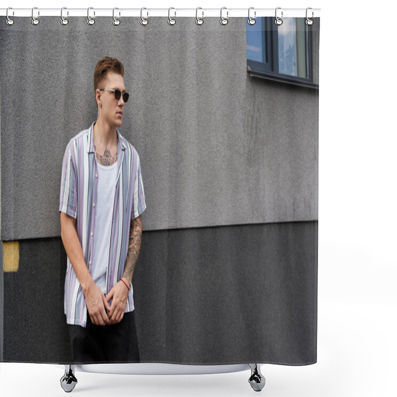 Personality  Young Man With Tattoos Stands By A Wall, Enjoying A Sunny Day In Casual Wear. Shower Curtains