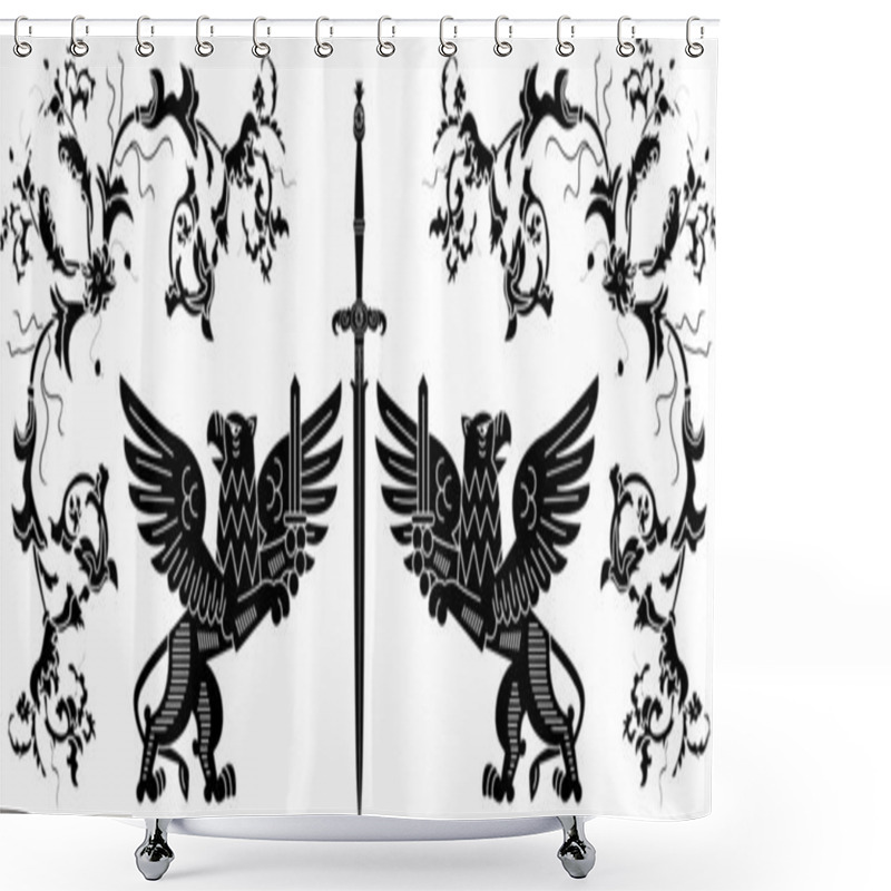 Personality  Sword, Griffins And Floral Elements Stencil Composition Shower Curtains