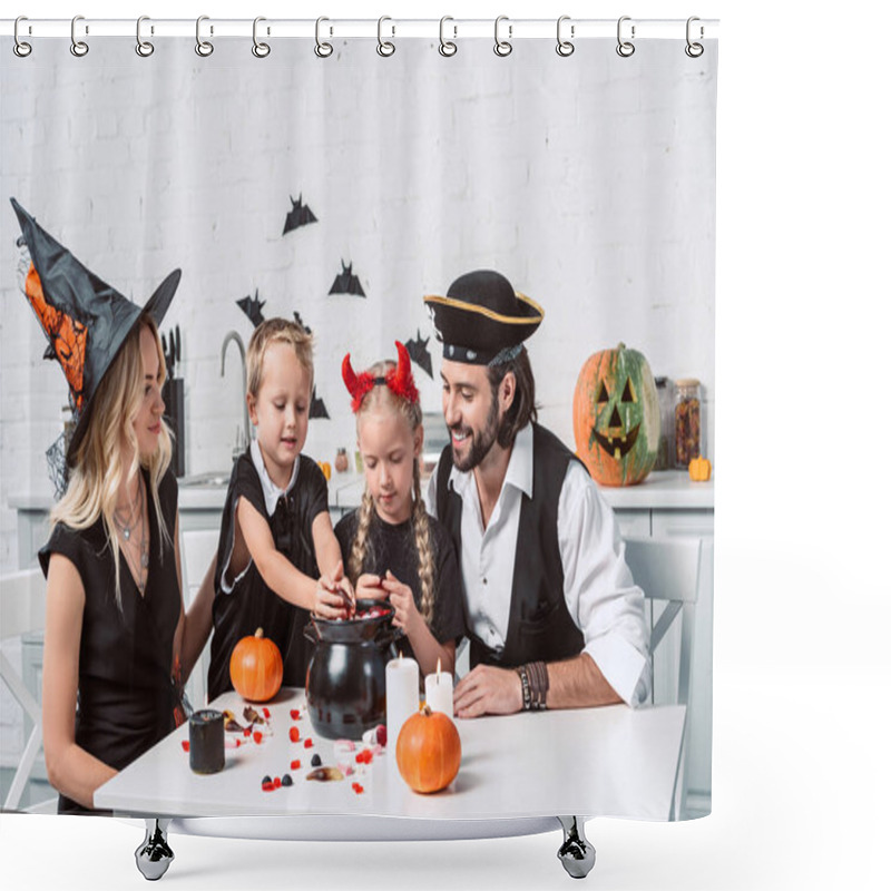 Personality  Family In Various Halloween Costumes At Table With Black Pot With Treats In Kitchen At Home Shower Curtains