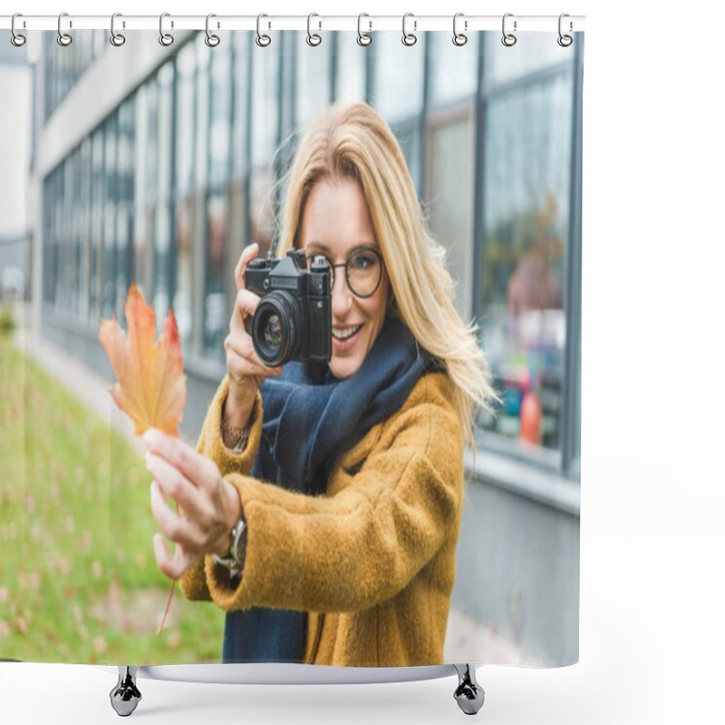 Personality  Woman Taking Photo Of Leaf   Shower Curtains