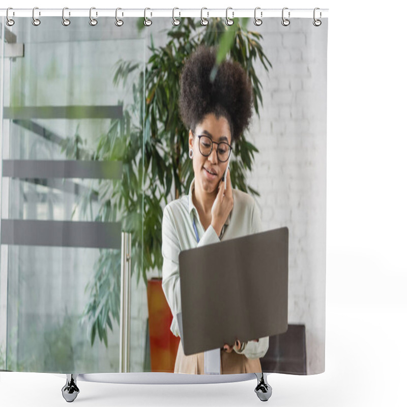 Personality  African American Businesswoman In Glasses Using Laptop And Talking On Smartphone, Multitasking Shower Curtains