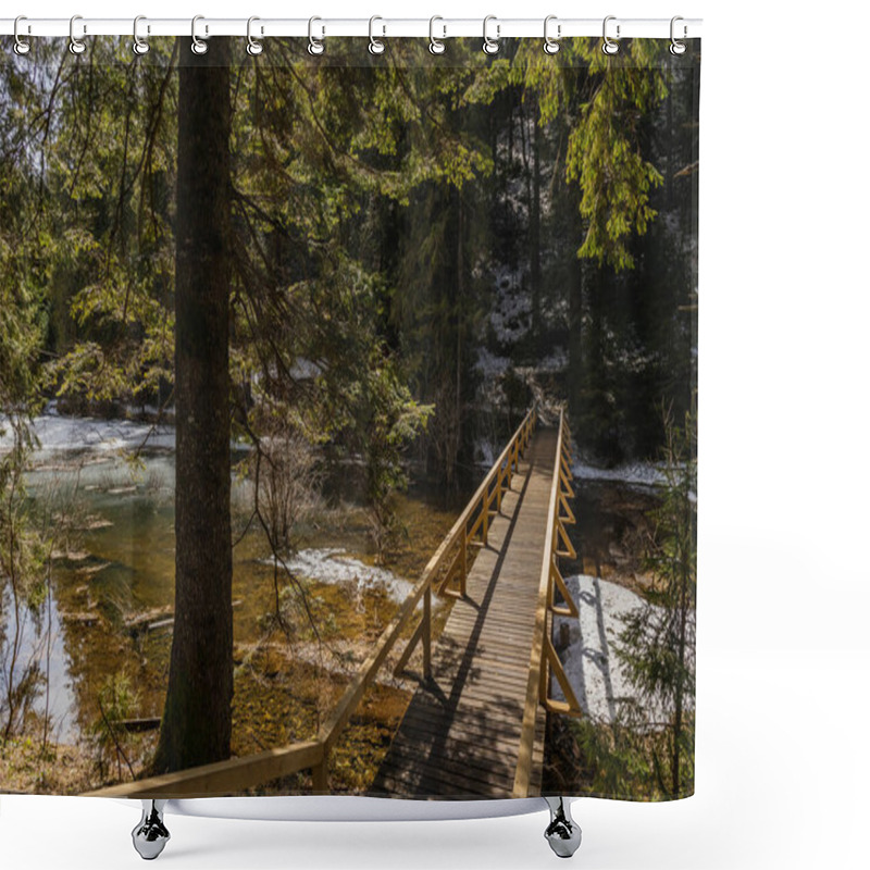 Personality  Wooden Bridge Above Lake With Ice In Forest  Shower Curtains