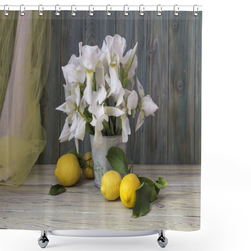 Personality  Lemons And Irises In A Vase Close-up Shower Curtains