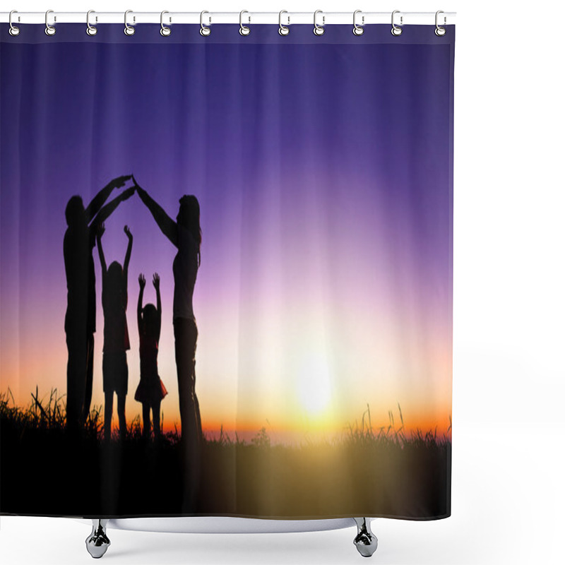 Personality  Happy Family Making Home Sign On The Hill With Sunrise Backgroun Shower Curtains