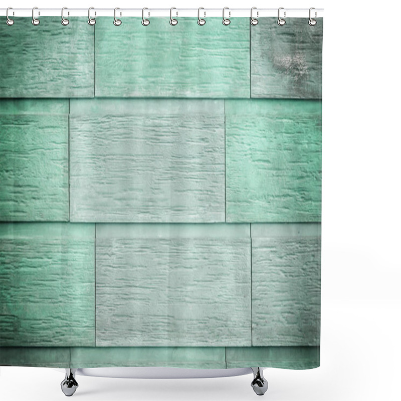 Personality  Wall Of Large Green And Turquoise Plates. Large Bricks, Imitation Of Natural Stone. Texture, Photo With Vignette. Shower Curtains