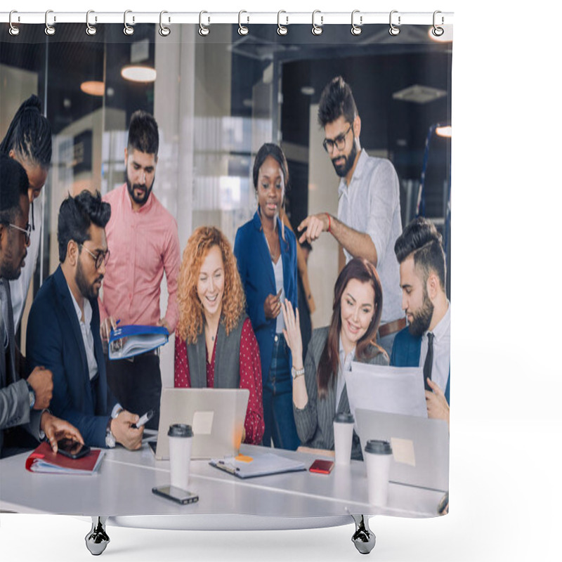 Personality  Young Multi-ethnic Work Team Exchanges Ideas Gathering Around Laptop Computers Shower Curtains