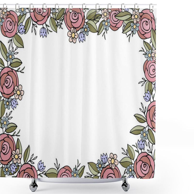 Personality  Floral Square Frame With Pink Roses, Blue Flowers, Yellow Daisies, And Green Leaves On A White Background. Ideal For Invitations, Greeting Cards, And Decorative Designs Shower Curtains