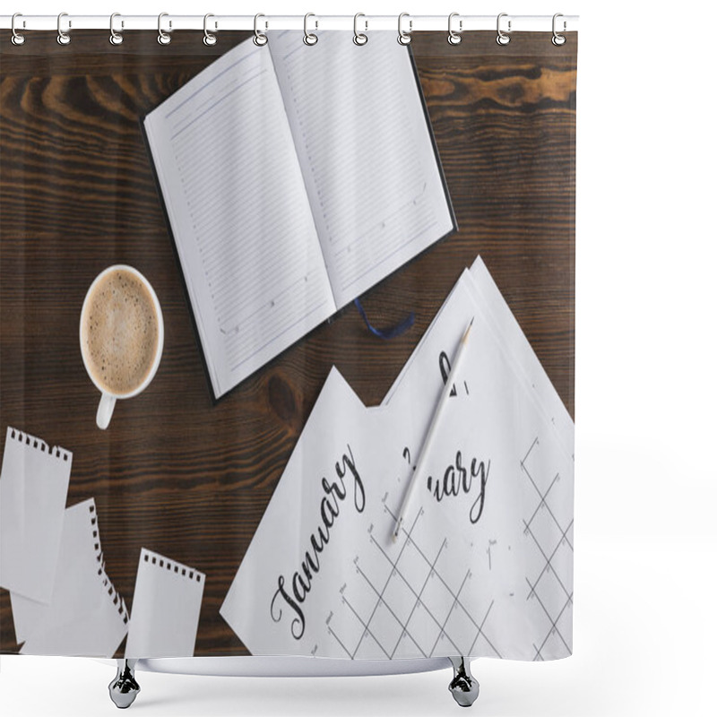 Personality  Flat Lay With Empty Notebook, Calendar And Cup Of Coffee On Wooden Surface Shower Curtains