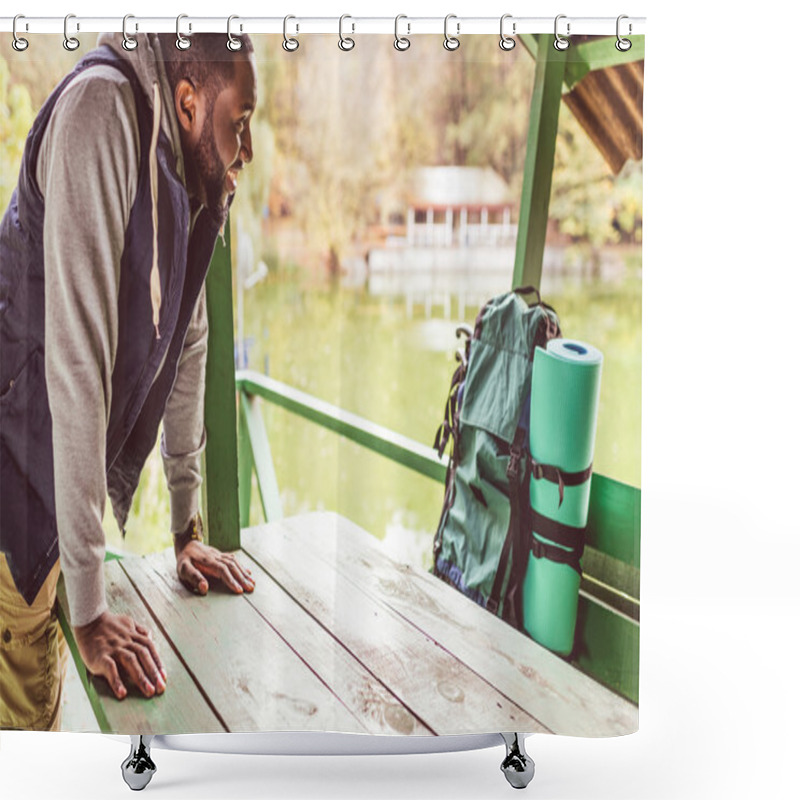 Personality  Smiling Man Leaning On Wooden Table Shower Curtains