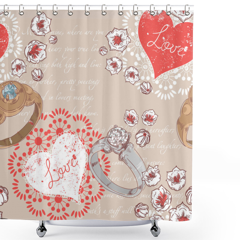 Personality  Valentine Romantic Retro Seamless Pattern With Wedding Rings And Hearts Shower Curtains