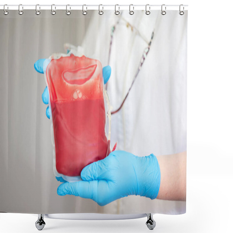 Personality  Blood Plasma In The Center Of Transfusiology And Donation. Close Up The Blood Bag In The Laboratory In The Hands. Shower Curtains