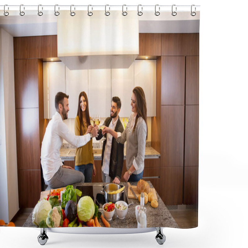 Personality  Group Of Happy Young People Preparing Meal, Drinking White Wine And Having A Good Time Shower Curtains