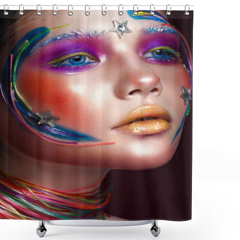 Personality  Beautiful Girl With Creative Make-up In Pop Art Style. Beauty Face. Shower Curtains