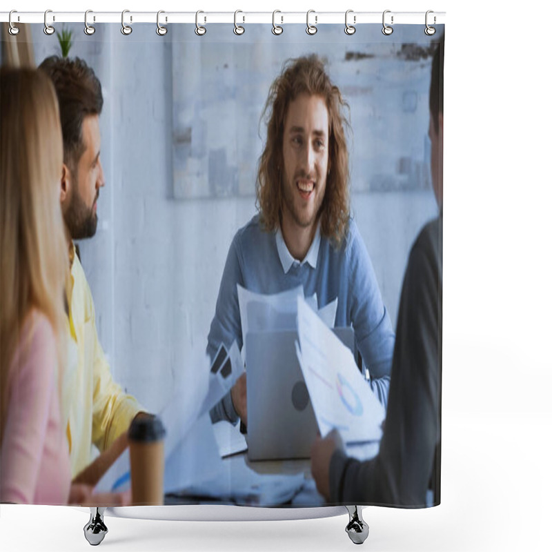 Personality  Smiling Businessman Sitting Near Laptop, Documents And Colleagues On Blurred Foreground Shower Curtains