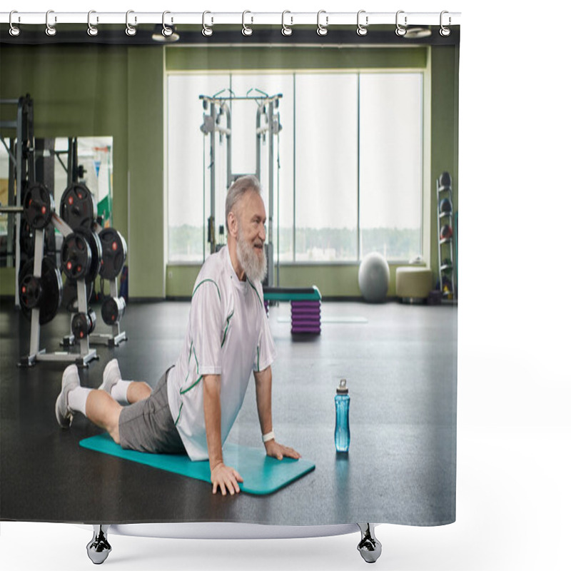 Personality  Happy Elderly Man With Beard Stretching Back On Fitness Mat, Active Senior, Vibrant And Healthy Shower Curtains