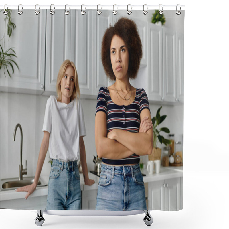 Personality  A Lesbian Couple Argues In The Kitchen, Tension Evident In Their Body Language And Strained Expressions Shower Curtains